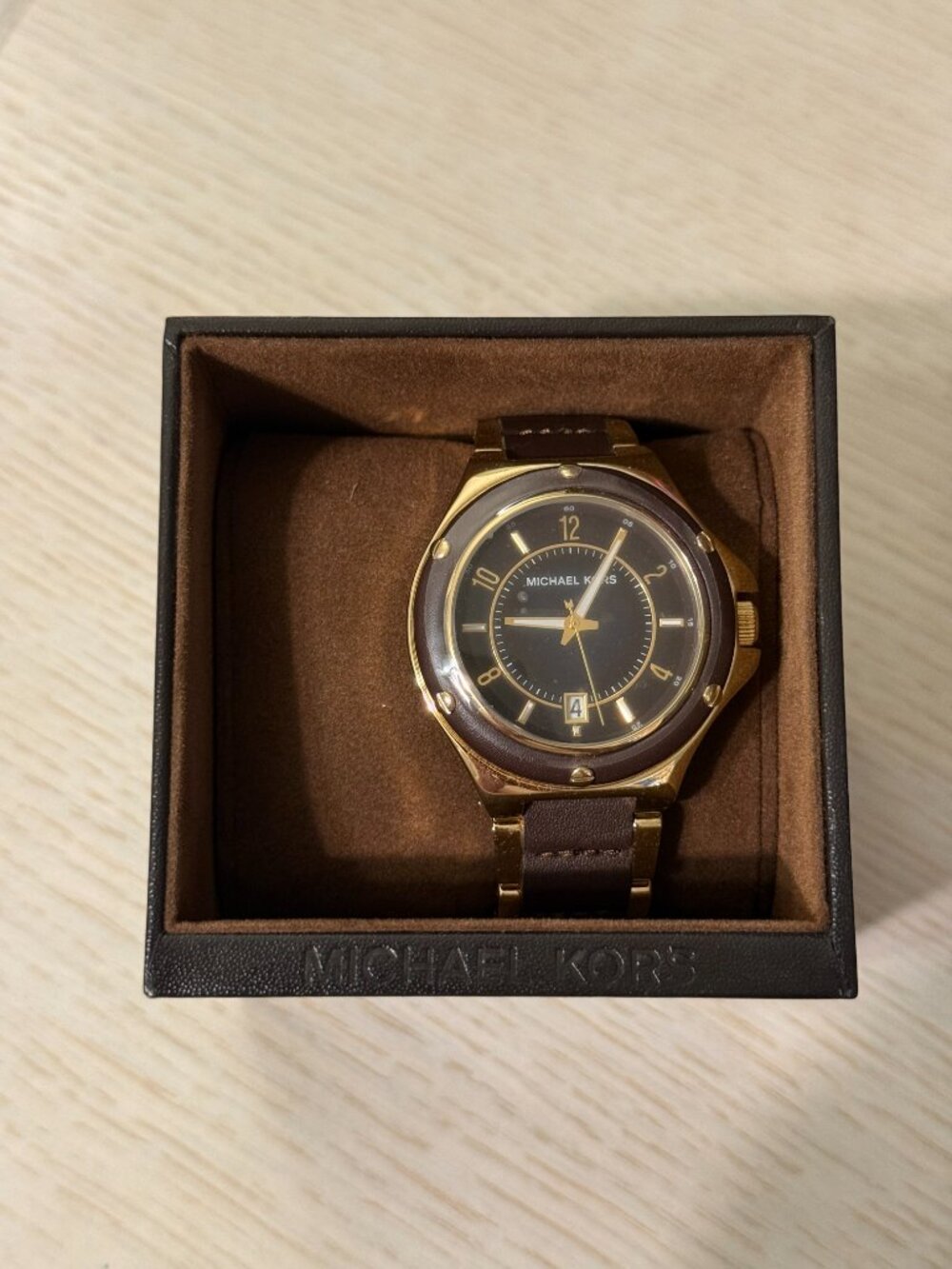 Michael Kors MK5169 Gold Brown Leather Link Watch Box & Tags MSRP $225